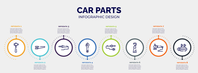 infographic for car parts concept. vector infographic template with icons and 8 option or steps. included sledgehammer, hacksaw, soldering, spanner, soldering iron, tassel, polisher, starter