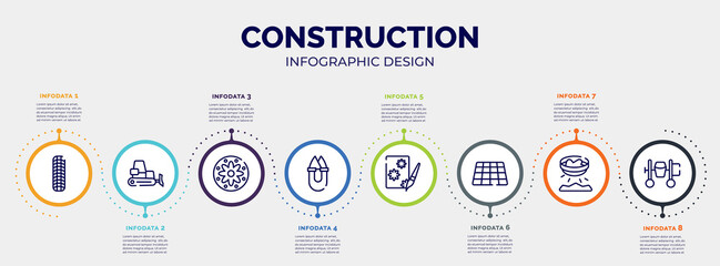 infographic for construction concept. vector infographic template with icons and 8 option or steps. included tiremarks, dozer, applique, handheld, decoupage, tiles, panning, cement mixer editable