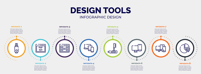 Fototapeta na wymiar infographic for design tools concept. vector infographic template with icons and 8 option or steps. included usb flash, php code, ux de, three devices connected, teeth cleaning, screens, tablet