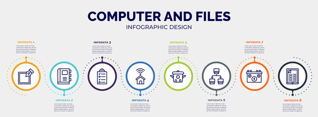 infographic for computer and files concept. vector infographic template with icons and 8 option or steps. included edit tool, appointment book, data list, smarthome, cooker, computer networks, power