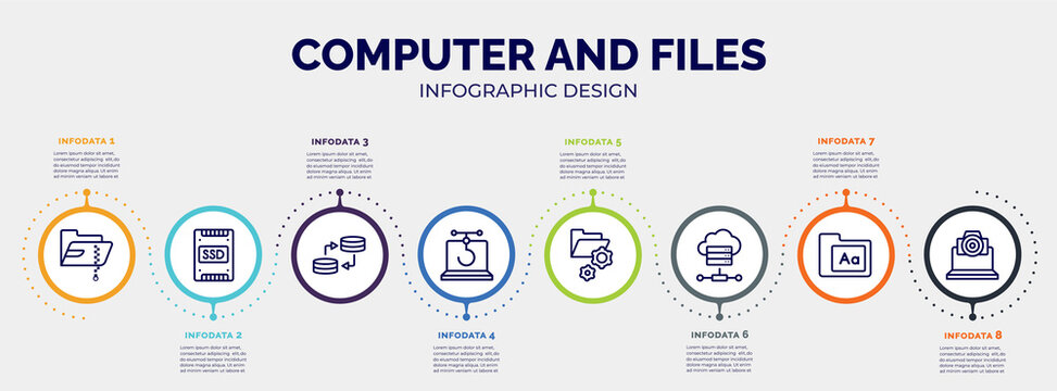 infographic for computer and files concept. vector infographic template with icons and 8 option or steps. included compressed file, ssd, data transfer, phishing, folder management, online server,