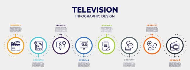 infographic for television concept. vector infographic template with icons and 8 option or steps. included clapboard, pda, friend request, video call, approval, delete friend, emergency call,