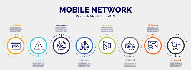 infographic for mobile network concept. vector infographic template with icons and 8 option or steps. included scammer, warning, letter a, warming, silence, online game, send mail, voip editable