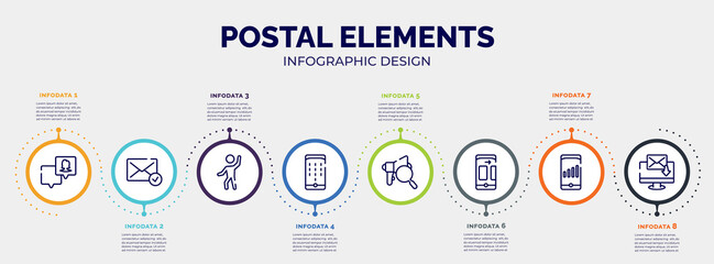 infographic for postal elements concept. vector infographic template with icons and 8 option or steps. included followers, message received, enjoy, dial pad, expertise, themes, high, electronic mail