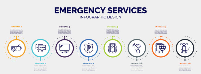 infographic for emergency services concept. vector infographic template with icons and 8 option or steps. included low battery, online chat, , police shield, vibration, hear, roaming, air pump