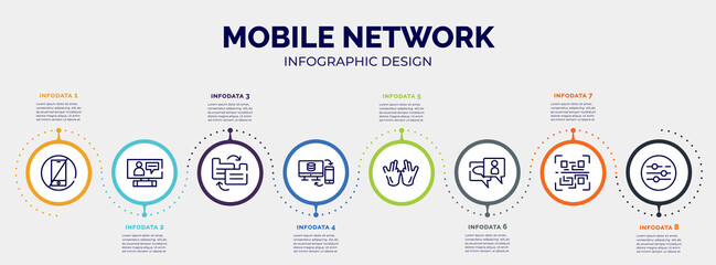 infographic for mobile network concept. vector infographic template with icons and 8 option or steps. included no cellphone, online interview, file transfer, data sharing, , anniversary, qr scan,