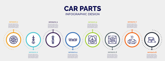 infographic for car parts concept. vector infographic template with icons and 8 option or steps. included car hubcap, car dipstick, suspension, bumper, ammeter, fan, catalytic converter, roof