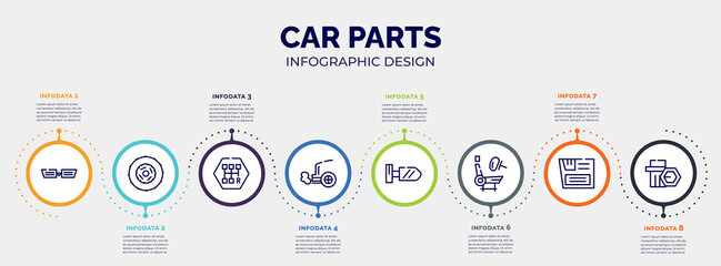 infographic for car parts concept. vector infographic template with icons and 8 option or steps. included car grille or radiator grille, car clutch, gearbox, exhaust, wing mirror, air bag, glove