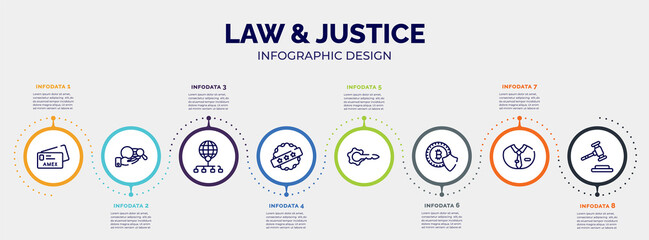 Fototapeta na wymiar infographic for law & justice concept. vector infographic template with icons and 8 option or steps. included , corruption, distribute, best price, keyword, cryptocurrency, dress code, gavel