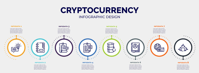 infographic for cryptocurrency concept. vector infographic template with icons and 8 option or steps. included suggestion, contact list, bills, enquiry, oil barrel, address book, payment method,