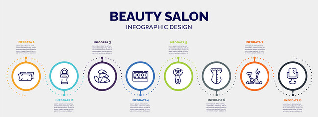 infographic for beauty salon concept. vector infographic template with icons and 8 option or steps. included pillow, roll on deodorant, three stones, eye shadow pallette, electric shaver for women,