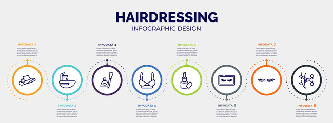 infographic for hairdressing concept. vector infographic template with icons and 8 option or steps. included vintage woman hat, hair washer sink, eyeliners, women brassiere, inclined lipstick, false