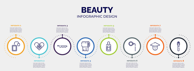 infographic for beauty concept. vector infographic template with icons and 8 option or steps. included tea bag, health care, hair pins, tissue paper, makeup remover, monocle, asian, make editable