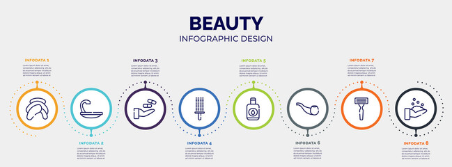 infographic for beauty concept. vector infographic template with icons and 8 option or steps. included head towel, hair wash sink, treatment, circular comb, nail polish remover, smoking pipe,