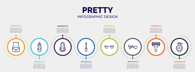 infographic for pretty concept. vector infographic template with icons and 8 option or steps. included bellybutton, remover, avocado, lima, lashes, cardiogram, afro pick, doser editable vector.