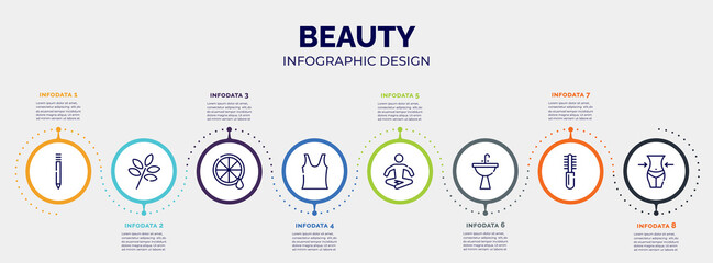 infographic for beauty concept. vector infographic template with icons and 8 option or steps. included eyebrow pencil, herbs, lemon juice, tank top, relaxation, washbowl, combs, waist editable