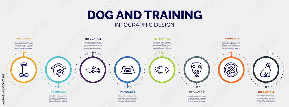 Wall mural infographic for dog and training concept. vector infographic template with icons and 8 option or steps. included scratching platform, pet shelter, gold fish, dog dish, big piranha, snake head, no