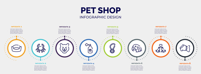 infographic for pet shop concept. vector infographic template with icons and 8 option or steps. included cat bed, big crab, bear head, spray, rope toy, parrot head, couple of dogs, pet dress