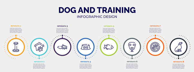 Fototapeta na wymiar infographic for dog and training concept. vector infographic template with icons and 8 option or steps. included scratching platform, pet shelter, gold fish, dog dish, big piranha, snake head, no