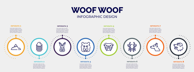 infographic for woof woof concept. vector infographic template with icons and 8 option or steps. included angular mountain, swimming jellyfish, rabbit head, tiger head, bulldog head, poisonous