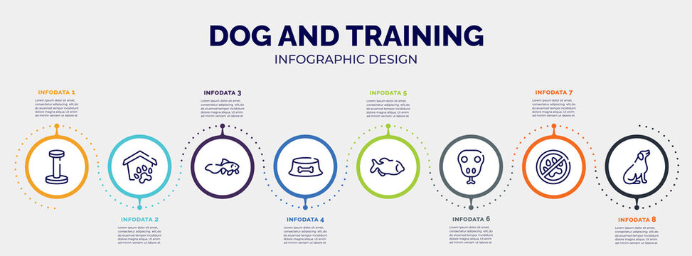 infographic for dog and training concept. vector infographic template with icons and 8 option or steps. included scratching platform, pet shelter, gold fish, dog dish, big piranha, snake head, no