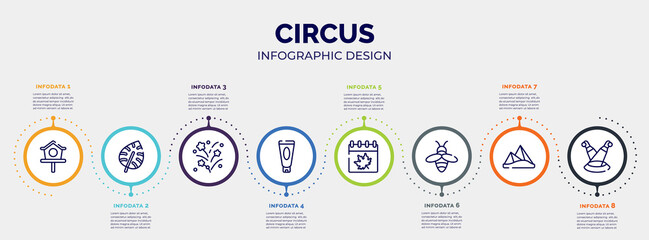 infographic for circus concept. vector infographic template with icons and 8 option or steps. included bird house, monstera leaf, firework, sun lotion, autumn, beekeeper, pyramids, scene editable