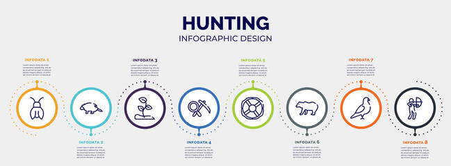 infographic for hunting concept. vector infographic template with icons and 8 option or steps. included cicada, porcupine, sprout, geology, lifebuoy, grizzly bear, pigeon, hunter editable vector.