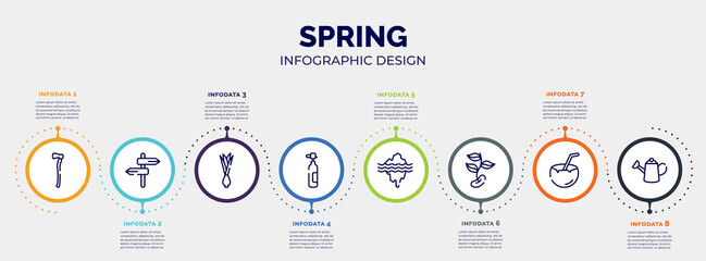 infographic for spring concept. vector infographic template with icons and 8 option or steps. included axe, road, onion, oxygen tank, glacier, beans, coconut drink, watering can editable vector.