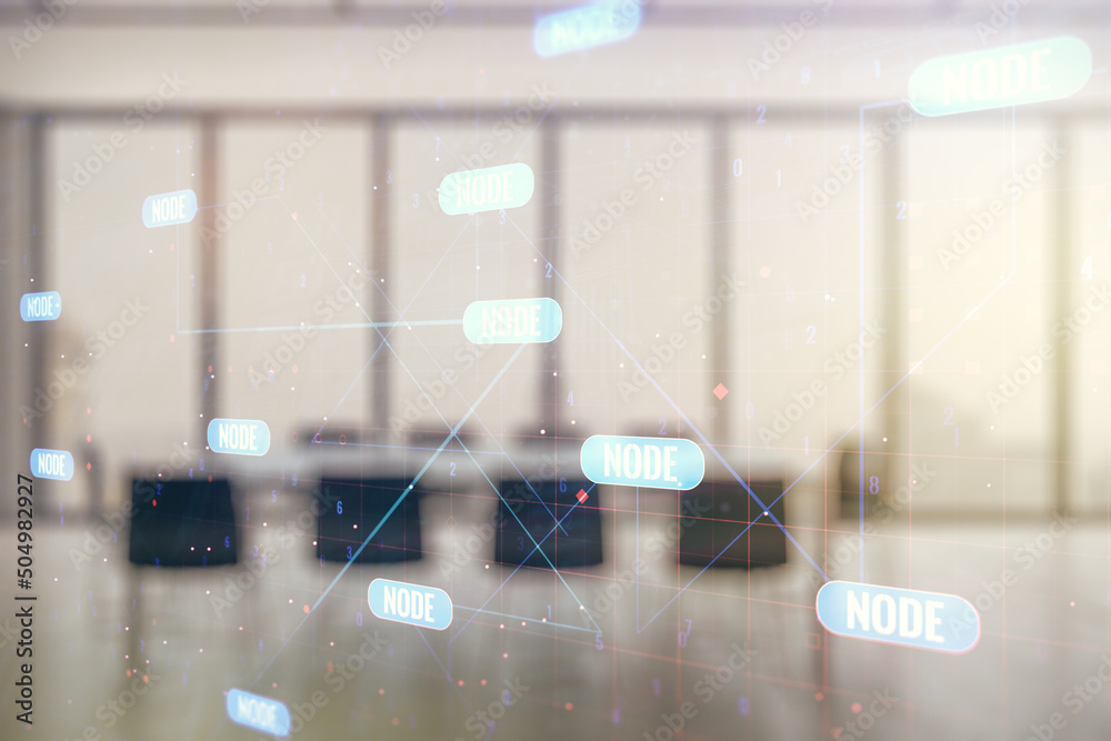 Poster Abstract virtual coding illustration on a modern coworking room background, software development concept. Multiexposure