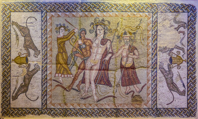 Mosaic of the Triclinium of the House of Bacchus. Mosaic representing the God Bacchus with part of his entourage, including a satyr. Roman city of Complutum (Alcala de Henares). 5th century AD. © Álvaro Germán Vilela