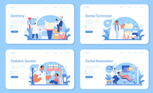 Dentistry web banner or landing page set. Dental doctor in uniform
