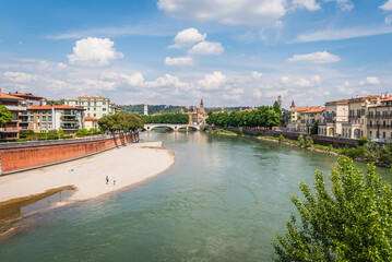 View of the Adige River from Castelvecchio Bridge in Verona, Veneto, Italy, Europe, World Heritage Site