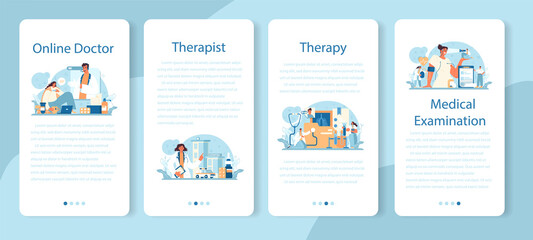 Therapist mobile application banner set. Healthcare, medicine treatment