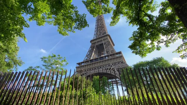 Eiffel Tower on a beautiful day with blue sky in Paris, France
