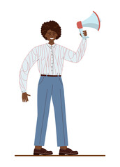 Black business character standing with megaphone. Making special
