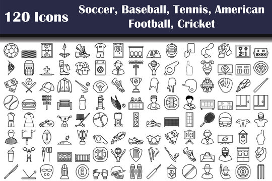 Set of 120 Soccer, Baseball, Tennis, American Football, Cricket icons