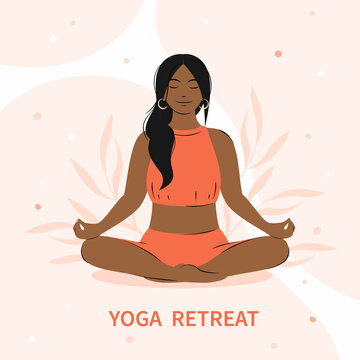 Yoga retreat. Woman with dark skin and hair meditating, practicing yoga. Vector illustration.