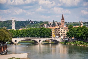 Naklejka premium View of the Adige River from Castelvecchio Bridge in Verona, Veneto, Italy, Europe, World Heritage Site