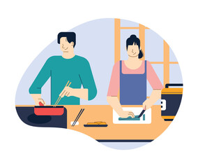 Japanese lovers, couple cooking traditional food together. Husband