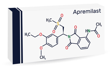 Apremilast drug molecule. It is non-steroidal medication used for the treatment psoriasis, psoriatic arthritis. Skeletal chemical formula. Paper packaging for drugs.