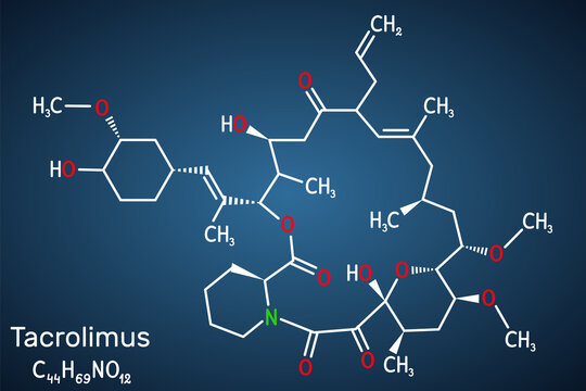 Tacrolimus, FK-506 or Fujimycin molecule. It is potent immunosuppressive agent. Structural chemical formula on the dark blue background