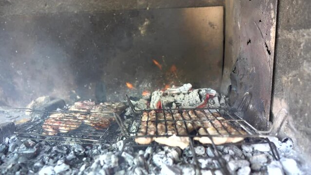 Parrillas de carne de cerdo puesta en las brasas para asar