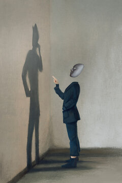 person with mask speaks with his shadow, concept of multiple identities