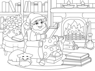 Cheerful gnome is reading a book in an armchair. Cozy room, library. Raster, page for printable children coloring book.