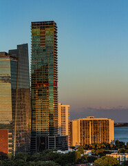 Miami Buildings and Biscayne Bay at sunset, Miami Florida, USA
