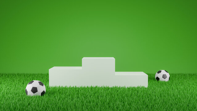 3D Render Soccer podium on green grass soccer field background. Product display stage