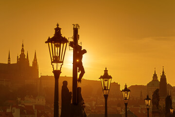 View of Prague from Charles bridge during sunset