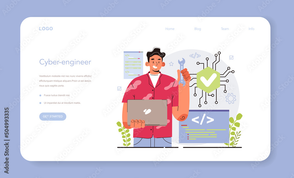 Poster cyber engineering web banner or landing page. robotics' constructing