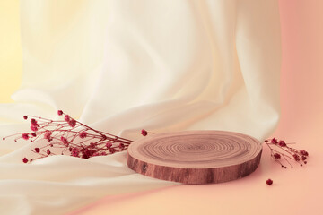 podium Round wooden cut down a tree with big shell yellow background 