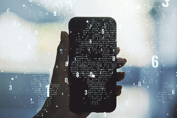 Abstract creative coding illustration with world map and hand with mobile phone on background,...